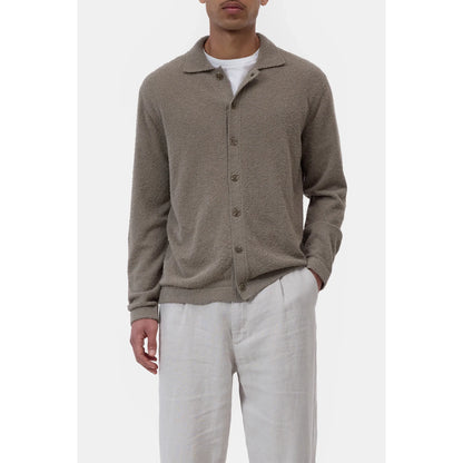 Men's organic cotton cardigan in pebble green by Closed Men's, showing front view with button details and soft knit texture.