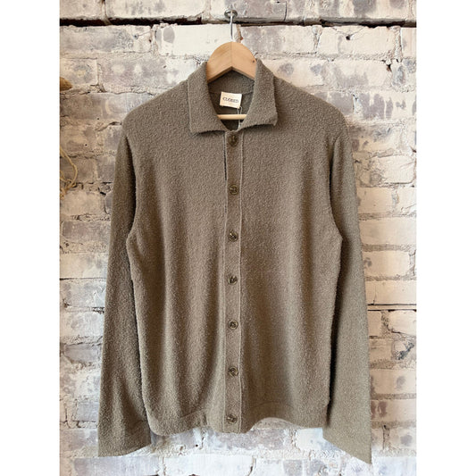 Men's organic cotton cardigan in pebble green by Closed Men's, featuring a cozy knit design and classic fit.