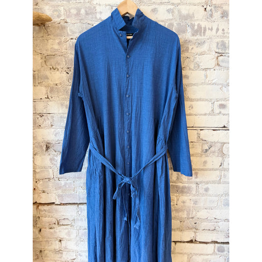 Women's Organic Cotton Chambray Dress in cobalt by Pas De Calais, featuring a relaxed fit and classic chambray fabric.