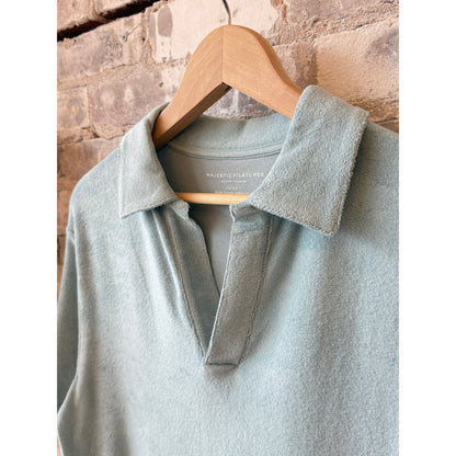 Women's organic cotton terry elbow sleeve polo maxi dress by Majestic Filatures in Blue Calanques, showing the relaxed fit and soft fabric.