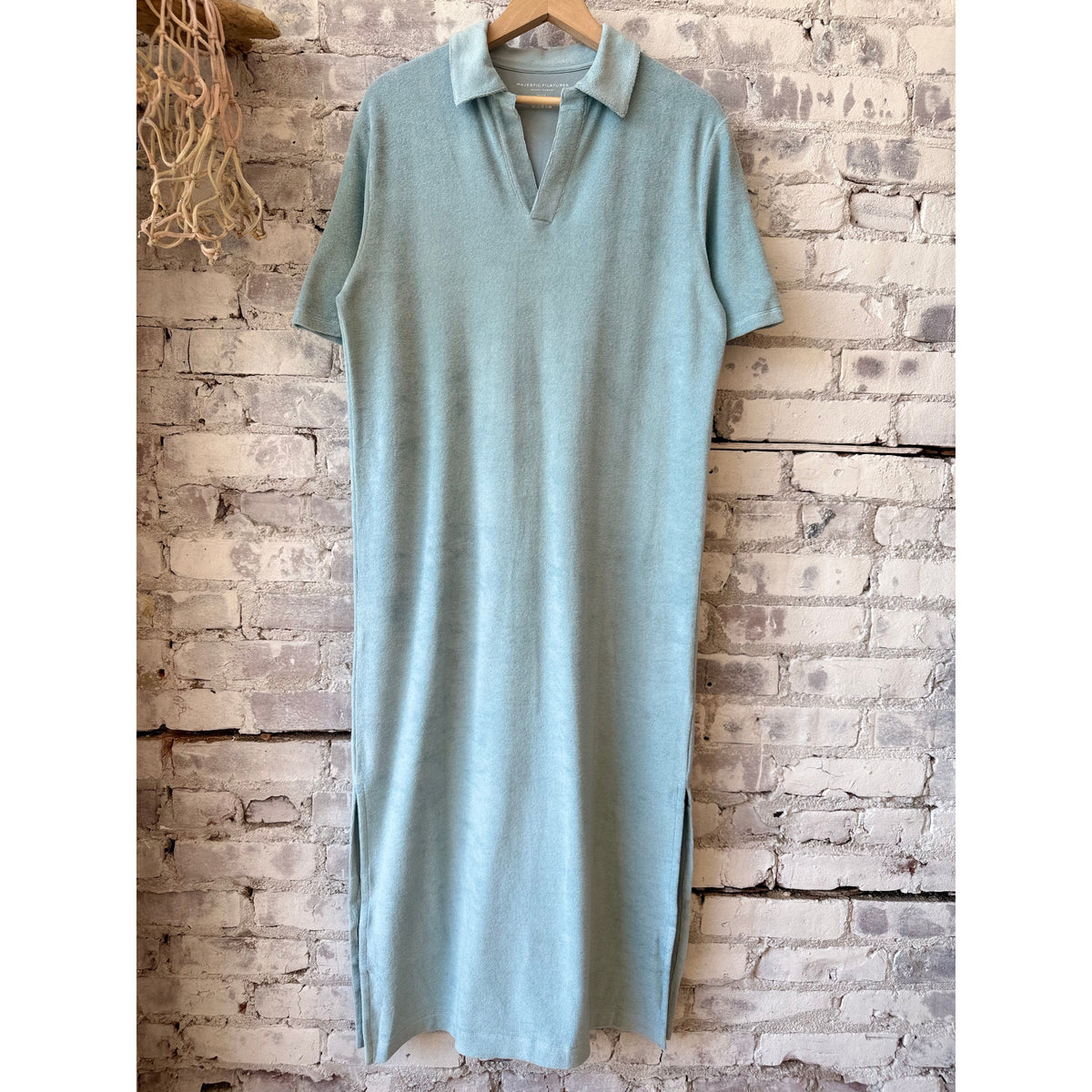Women's organic cotton terry maxi dress with elbow sleeves in blue Calanques by Majestic Filatures.