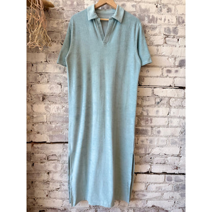 Women's organic cotton terry maxi dress with elbow sleeves in blue Calanques by Majestic Filatures.