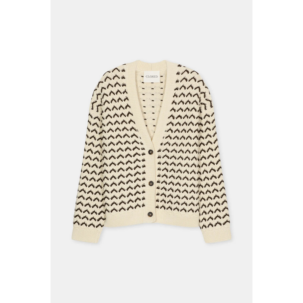 Women's organic cotton V-neck cardigan in beige by Closed, featuring a soft knit texture and classic fit.