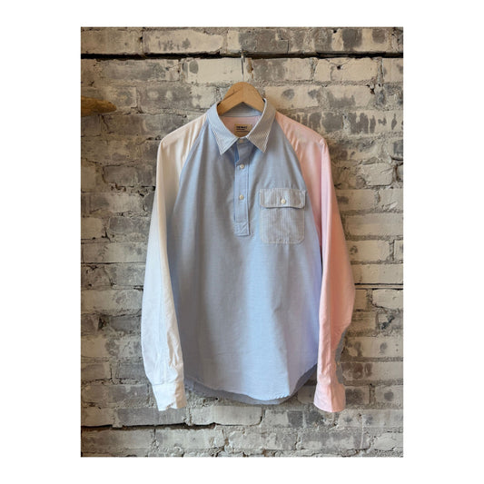 Men's Heimat Oxford shirt pop-over with patchwork multi-color fabric, featuring a classic collar and button-front design.