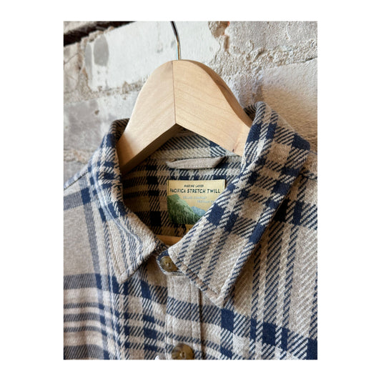 Men's Pacifica Stretch Twill Overshirt in taupe plaid fabric, featuring a classic button-up design and relaxed fit.