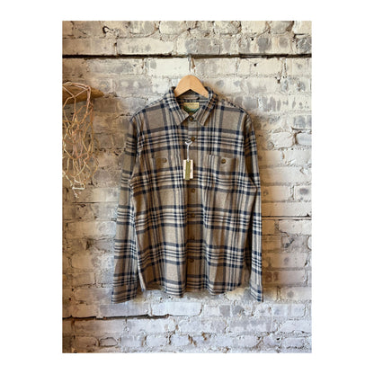 Men's Marine Layer Pacifica Stretch Twill Overshirt in taupe plaid fabric, showing the button-up front and classic plaid pattern.