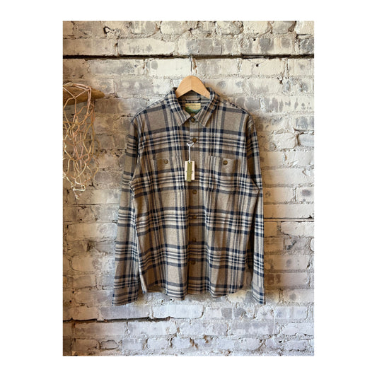 Men's Marine Layer Pacifica Stretch Twill Overshirt in taupe plaid fabric, showing the button-up front and classic plaid pattern.