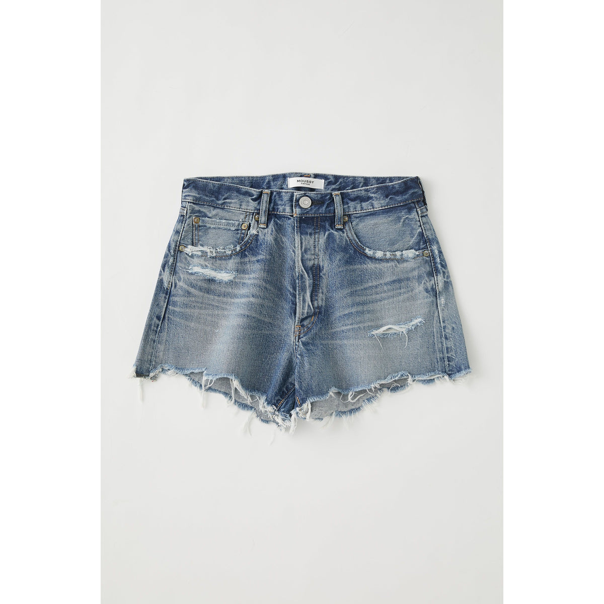 Women's blue Packard shorts by Moussy, casual denim style with front pockets and a relaxed fit, shown on a model.