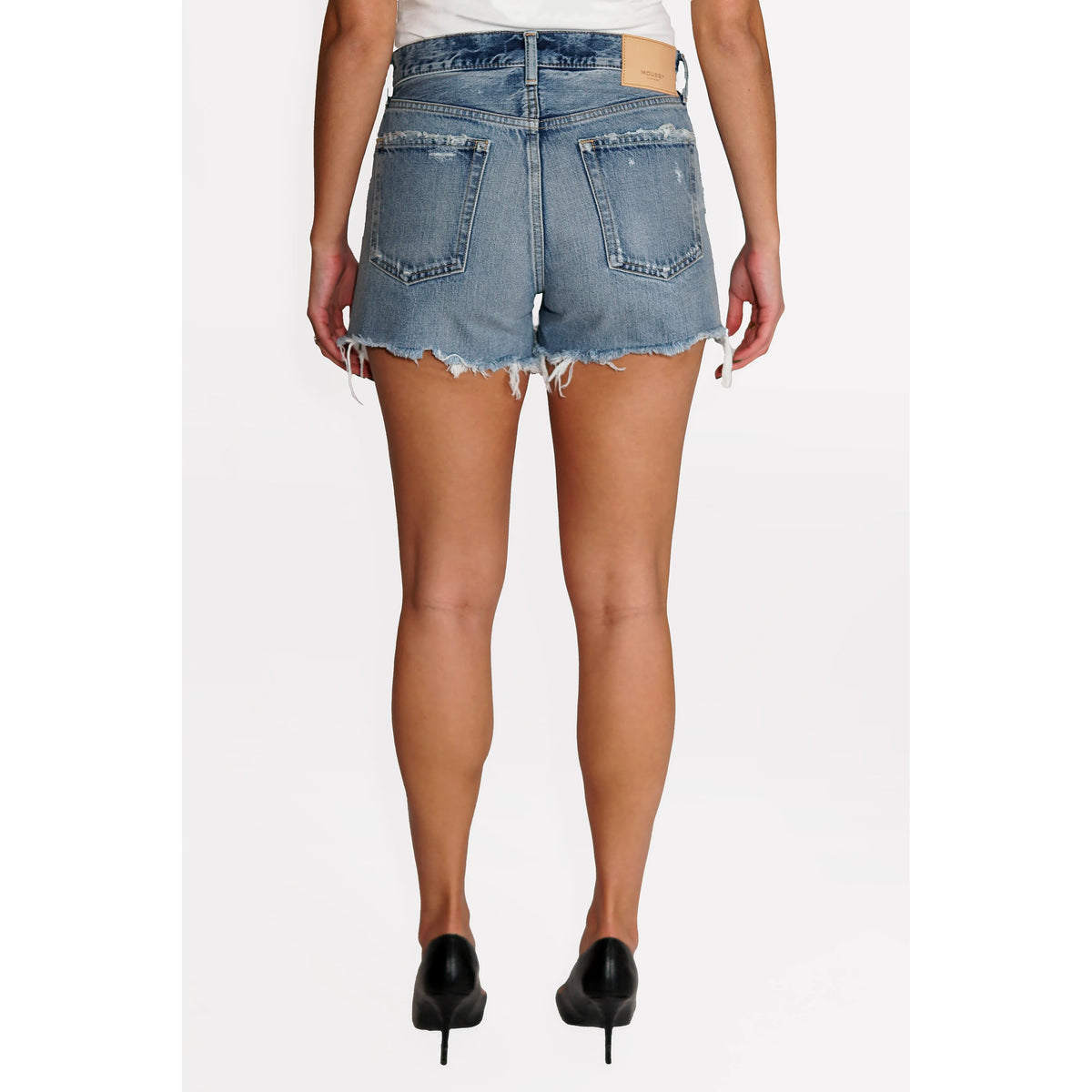Women’s blue Packard Shorts by Moussy, casual denim style with a relaxed fit, displayed on a hanger against a neutral background.