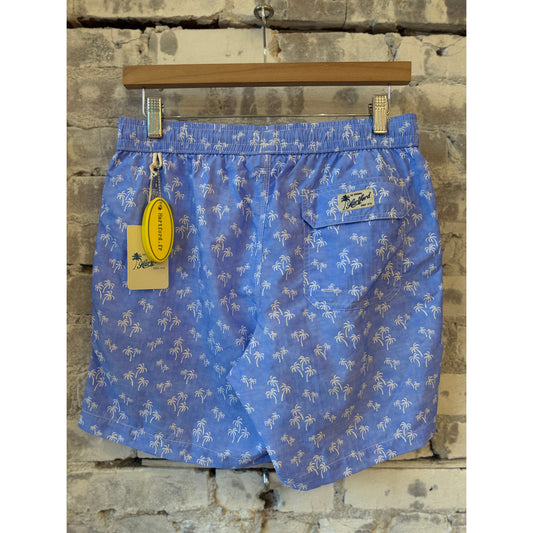 Men's Hartford "Palms" nylon woven swimshort in sky blue with palm leaf pattern, lightweight and quick-drying fabric.