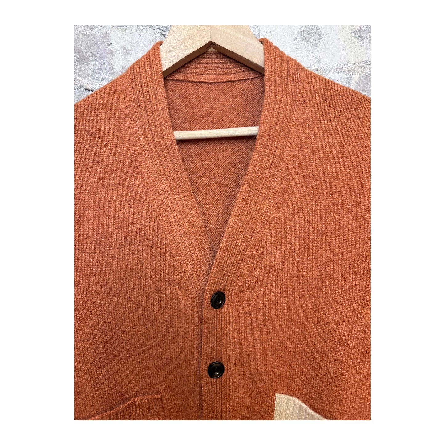 Women's Burn Orange Mix cashmere cardigan with patch pockets by Freecity, featuring a cozy, stylish design.