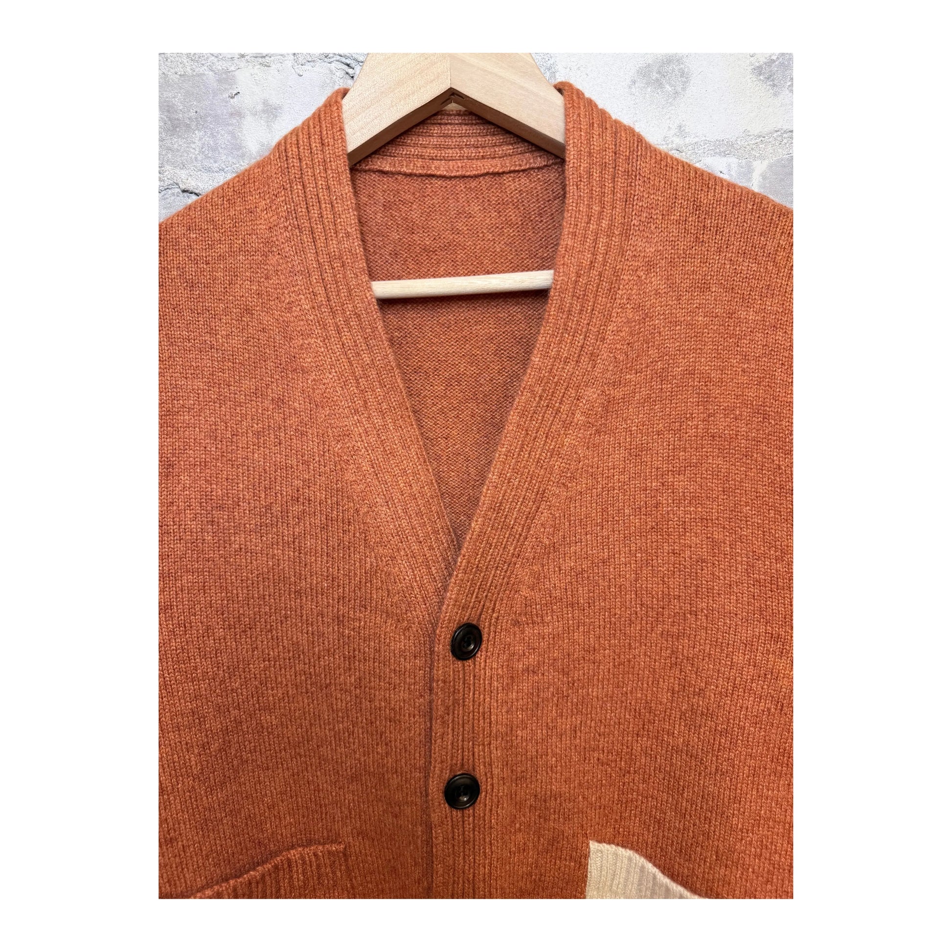 Women's Burn Orange Mix cashmere cardigan with patch pockets by Freecity, featuring a cozy, stylish design.