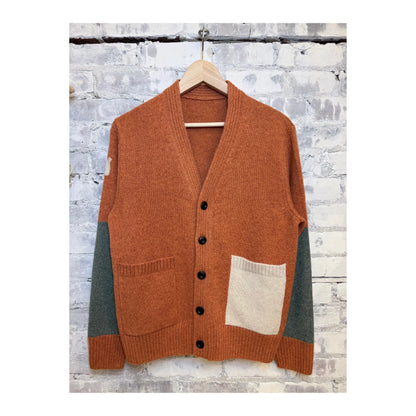 Burn orange mix women's cashmere cardigan with patch and pocket details by Freecity, showcasing a cozy, stylish knit sweater.
