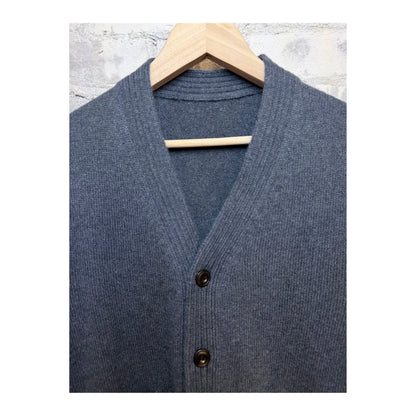 Women's mineral blue mix cashmere cardigan with patch and pocket details by Freecity, soft and cozy knit sweater.