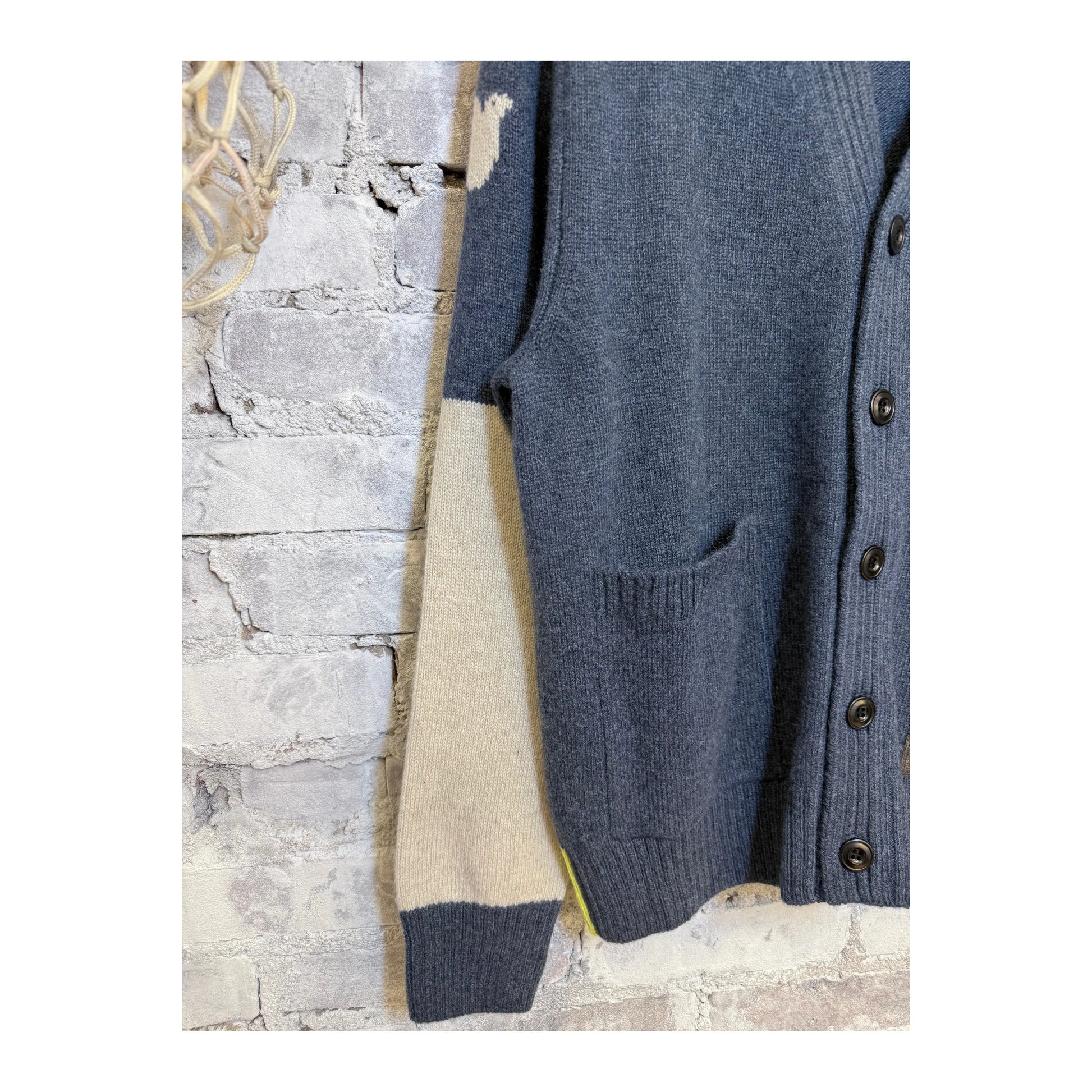Women's Patch/Pocket Cashmere Luxe Cardigan by Freecity in MineralBlue Mix, featuring a soft cashmere knit with patch pockets.