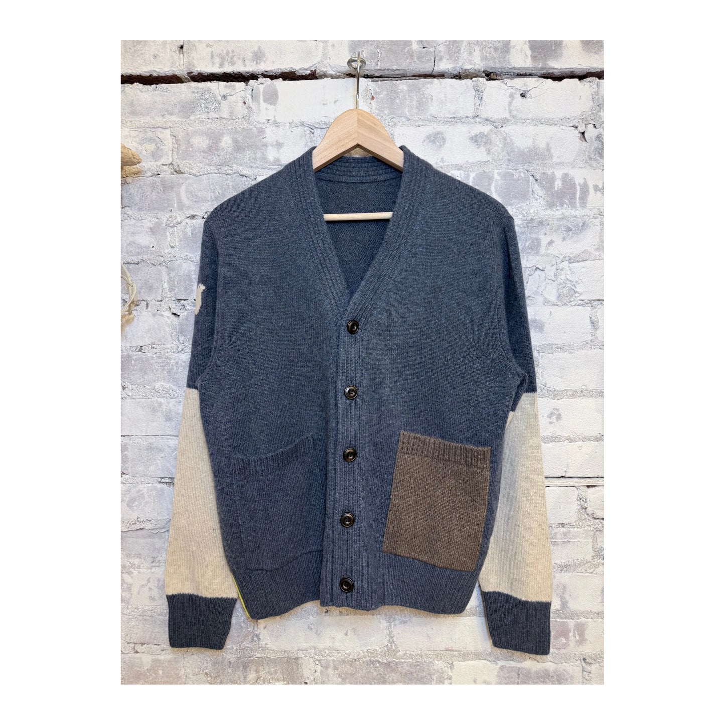 Women's Freecity Cashmere Luxe Cardigan in Mineral Blue Mix with patch and pocket details, soft and cozy knit sweater.