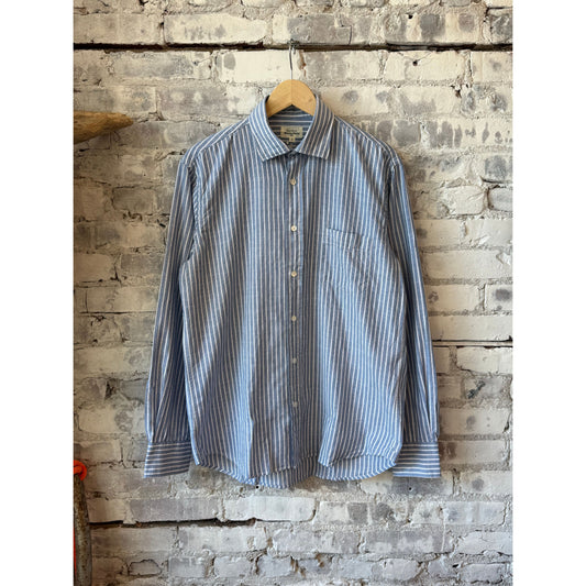 Men's Paul striped woven shirt in mid blue and white by Hartford Men's, featuring a classic button-down design and striped pattern.