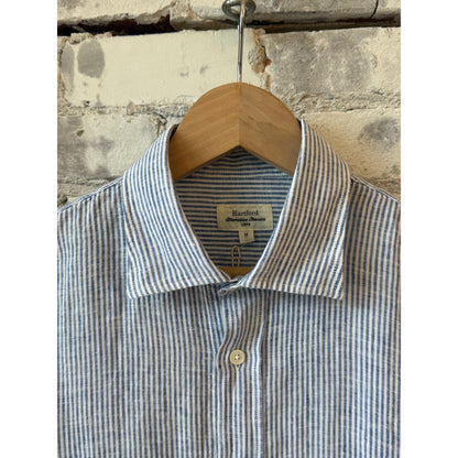 Men's navy and white woven shirt by Hartford Men's, featuring a classic Paul style, displayed on a hanger.