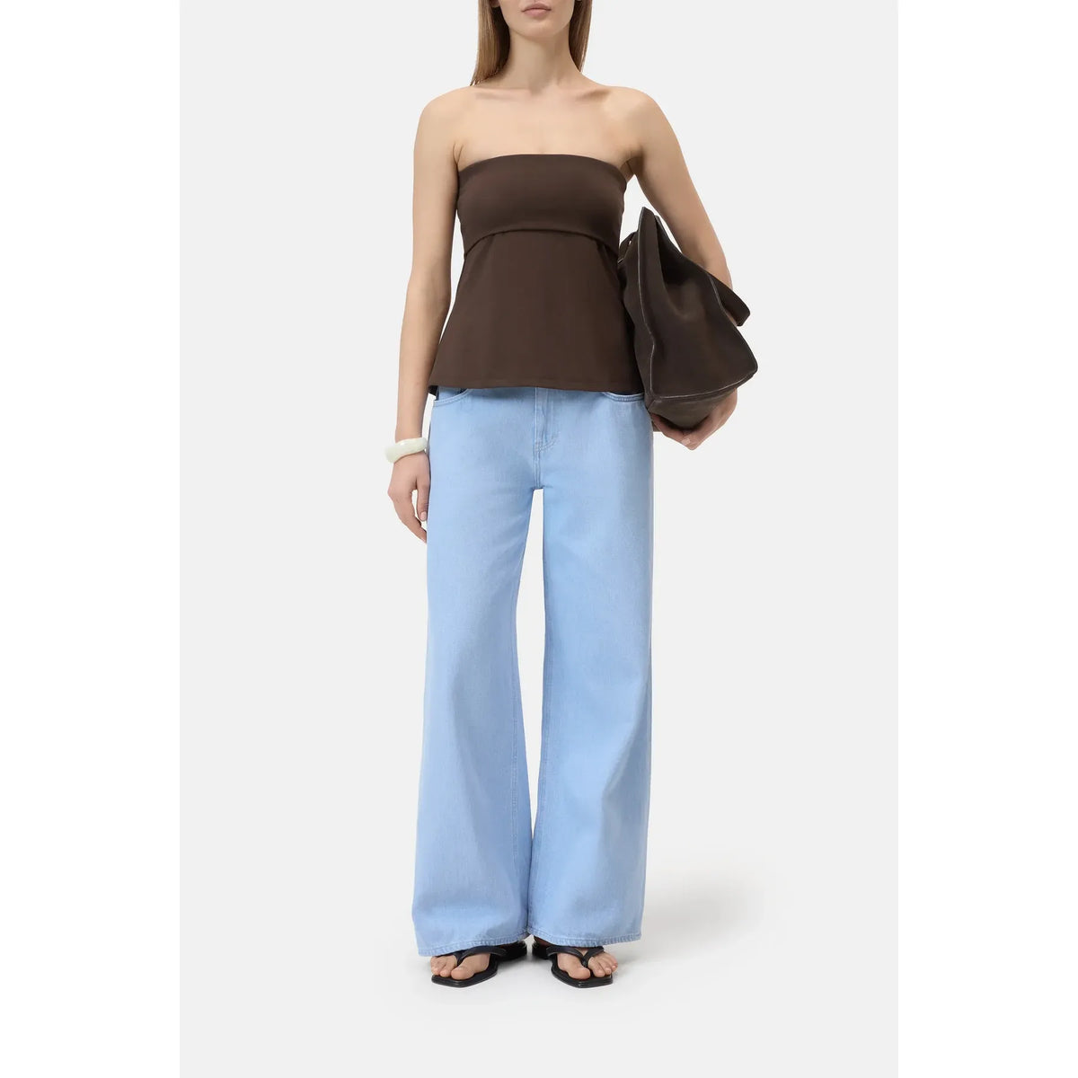 Closed Women's Peplon Top in Maple Brown, featuring a stylish peplum design and feminine silhouette, shown on a model.