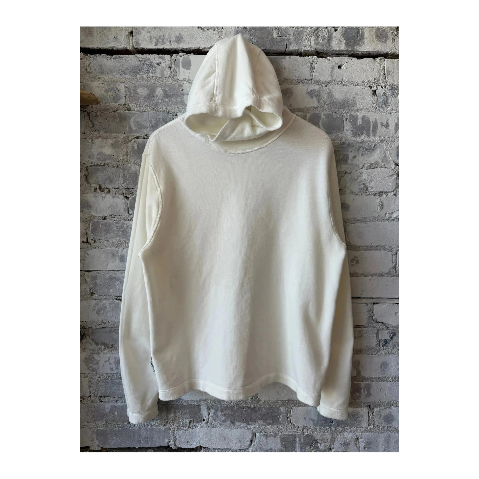 Men's PF Hoodie Reverse in ivory with front pocket and hood, made by 04651/.