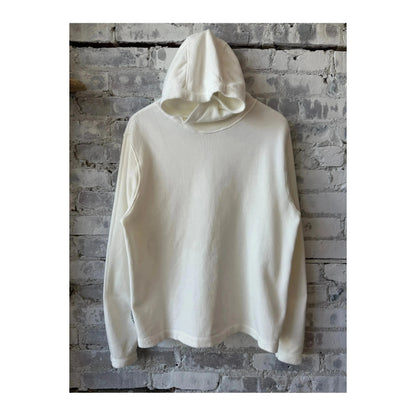 Men's PF Hoodie Reverse in ivory with front pocket and hood, made by 04651/.