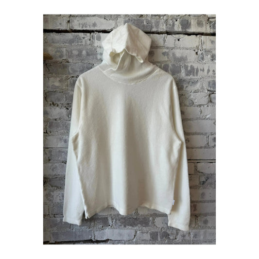 Men's ivory PF Hoodie Reverse by 04651, showing a front view of the cozy, stylish hoodie with a reverse design and soft fabric.