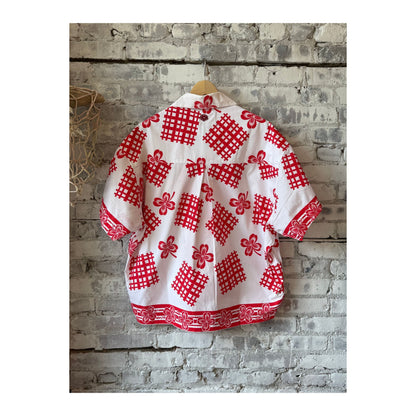Women's red picnic cloth shirt by MONOSTERO featuring a casual, lightweight fabric with a relaxed fit and classic checkered pattern.