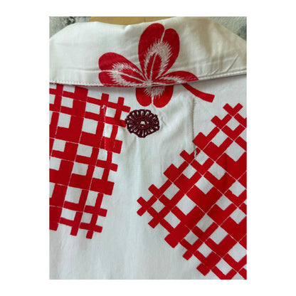 Women's red picnic cloth shirt by MONOSTERO featuring a classic checkered pattern and relaxed fit.