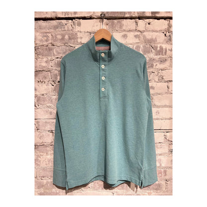 Men's Pique Button Mock in Ocean Heather by Relwen, featuring a close-up of the textured fabric and button details.