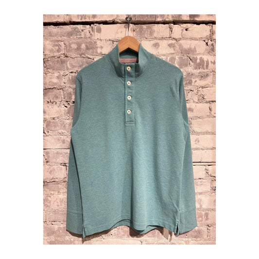 Men's Pique Button Mock in Ocean Heather by Relwen, featuring a close-up of the textured fabric and button details.