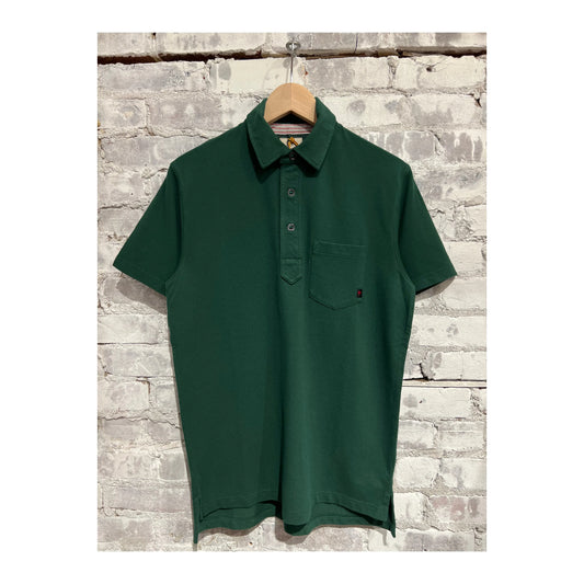 Men's Forest Green Pique Slot Polo shirt by Relwen, showing a close-up of the textured fabric and collar details.