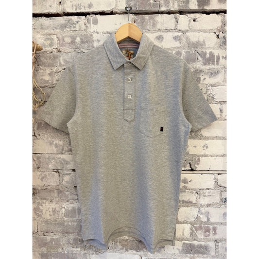 Men's grey heather Pique Slot Polo shirt by Relwen, showing the front with collar and button placket.