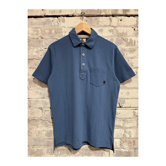 Men's Marine Blue Pique Slot Polo shirt by Relwen, featuring a classic collar and textured pique fabric.