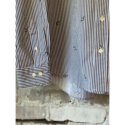 Men's Pitt Woven Shirt by Hartford Men's in navy and white with a woven pattern, displayed on a hanger.