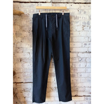 Men's navy poplin chino trousers by Aspesi, shown hanging with a tailored fit and classic design.