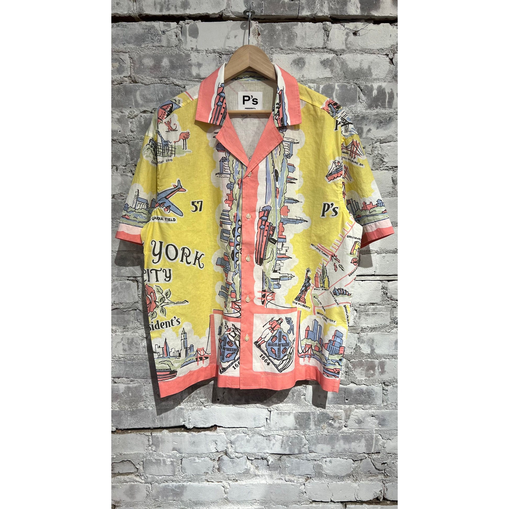 Men's Presidents Poplin Reef Shirt in yellow with New York map print, featuring a casual fit and button-down collar.