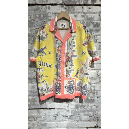 Men's Presidents Poplin Reef Shirt in yellow with New York map print, featuring a casual fit and button-down collar.