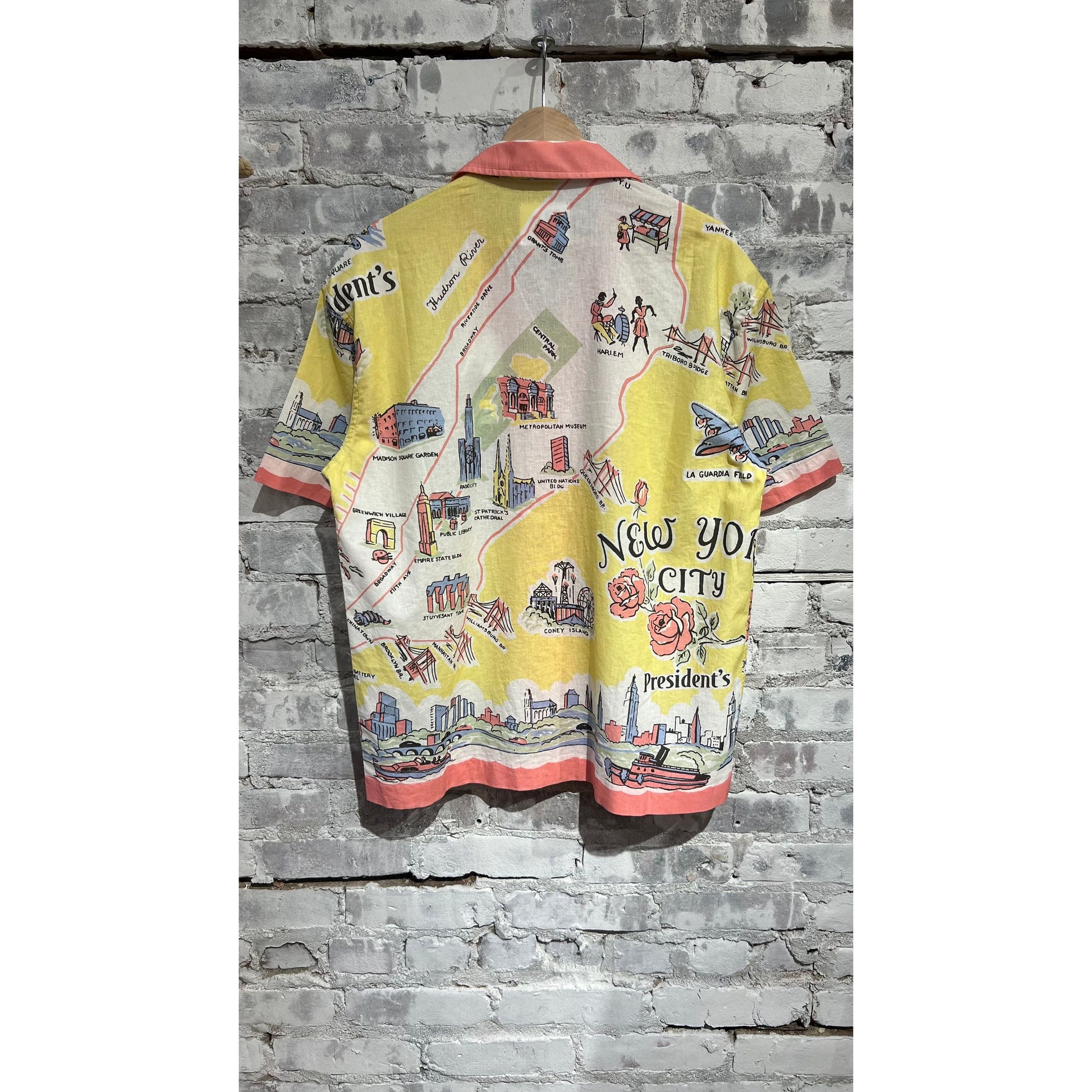 Men's Poplin Reef Shirt by Presidents in yellow with New York map print, casual button-up with collar and long sleeves.