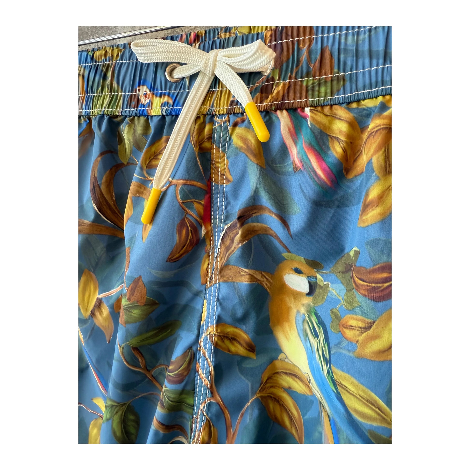Men's printed swim trunks with a blue parrot design from Hartford Men's, featuring vibrant tropical bird patterns.