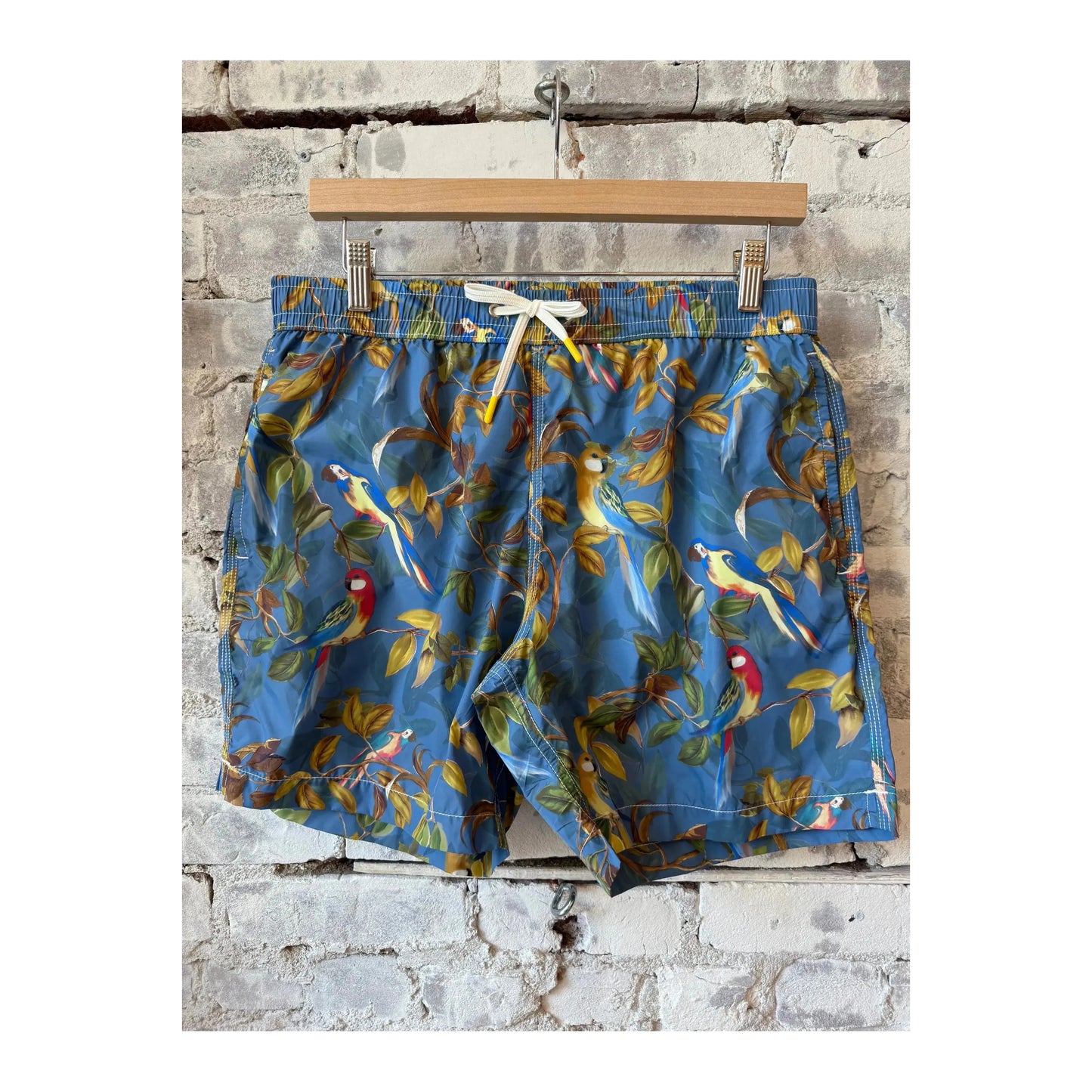 Men's printed swim trunks featuring a blue parrot design by Hartford Men's, displayed on a clean background.