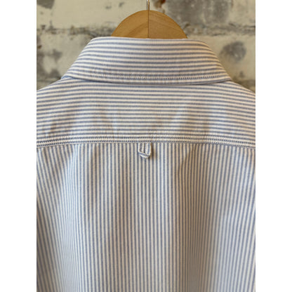 Men's Presidents striped Oxford shirt in white and blue stone wash, showing the tailored fit and classic collar style.