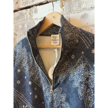 Women's Indigo Bandana Quarter Zip Pullover by Hope For Flowers, featuring a stylish bandana pattern and comfortable fit.
