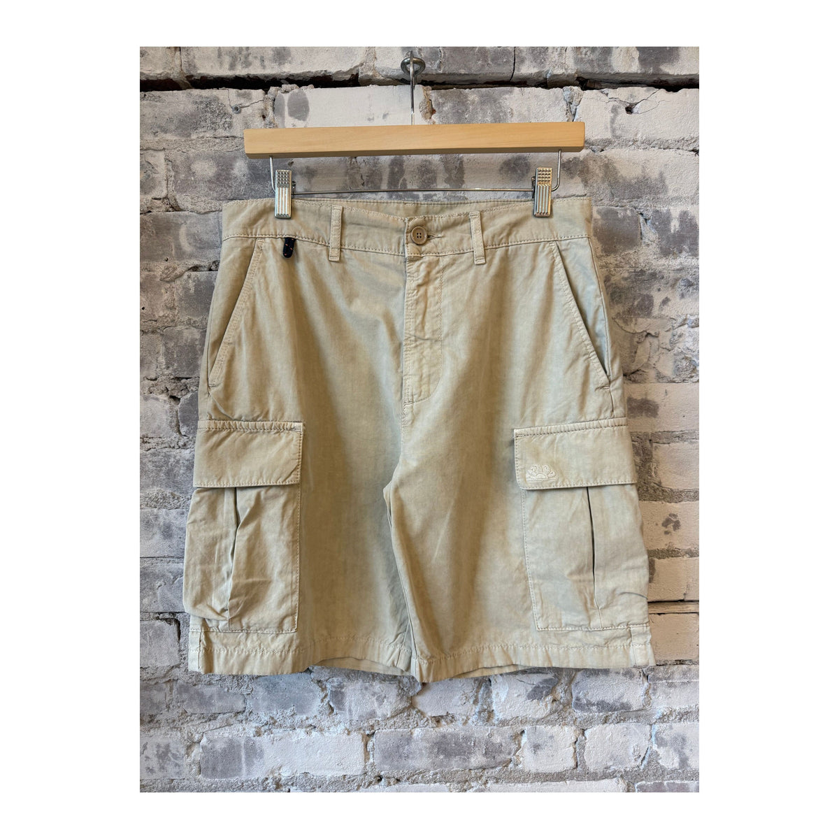 Men's rainbow garment-dyed cargo shorts by Sundek in sand color, featuring multiple pockets and casual summer style.