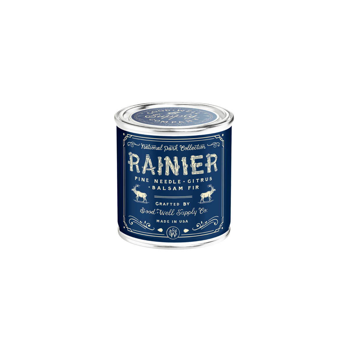 Rainier National Park Candle by Good & Well Supply Co., a home accessory with a scenic mountain design in a glass candle holder.