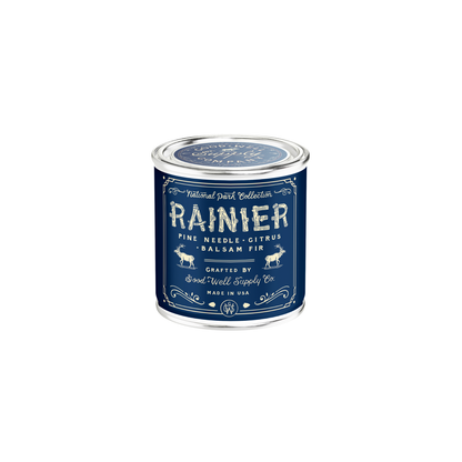 Rainier National Park Candle by Good & Well Supply Co., a home accessory with a scenic mountain design in a glass candle holder.