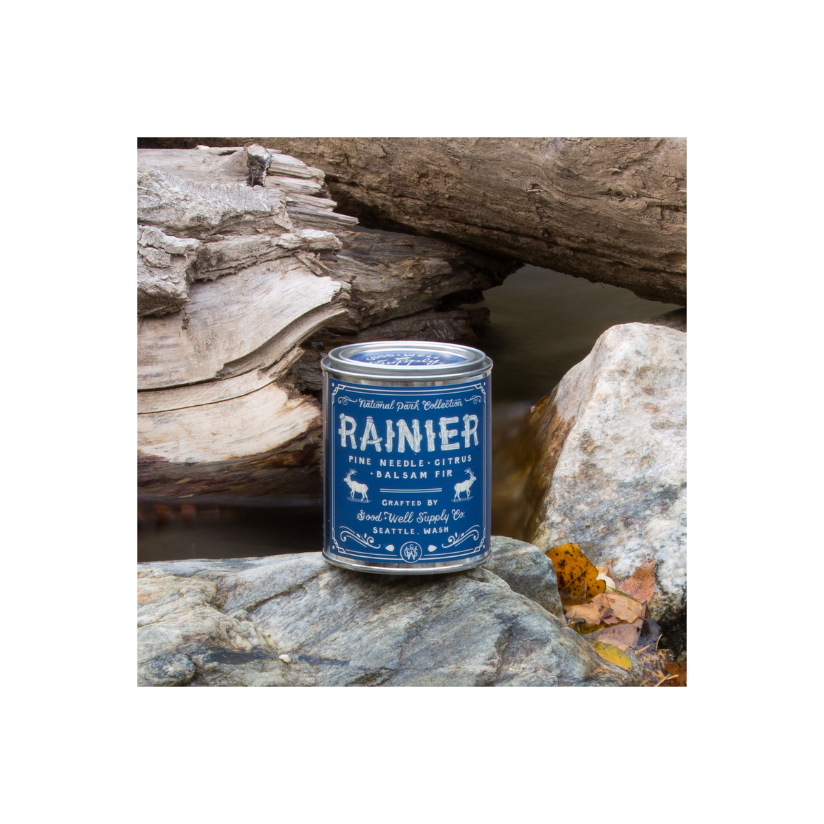 Rainier National Park candle by Good & Well Supply Co., cozy home accessory with scenic mountain design on the candle.