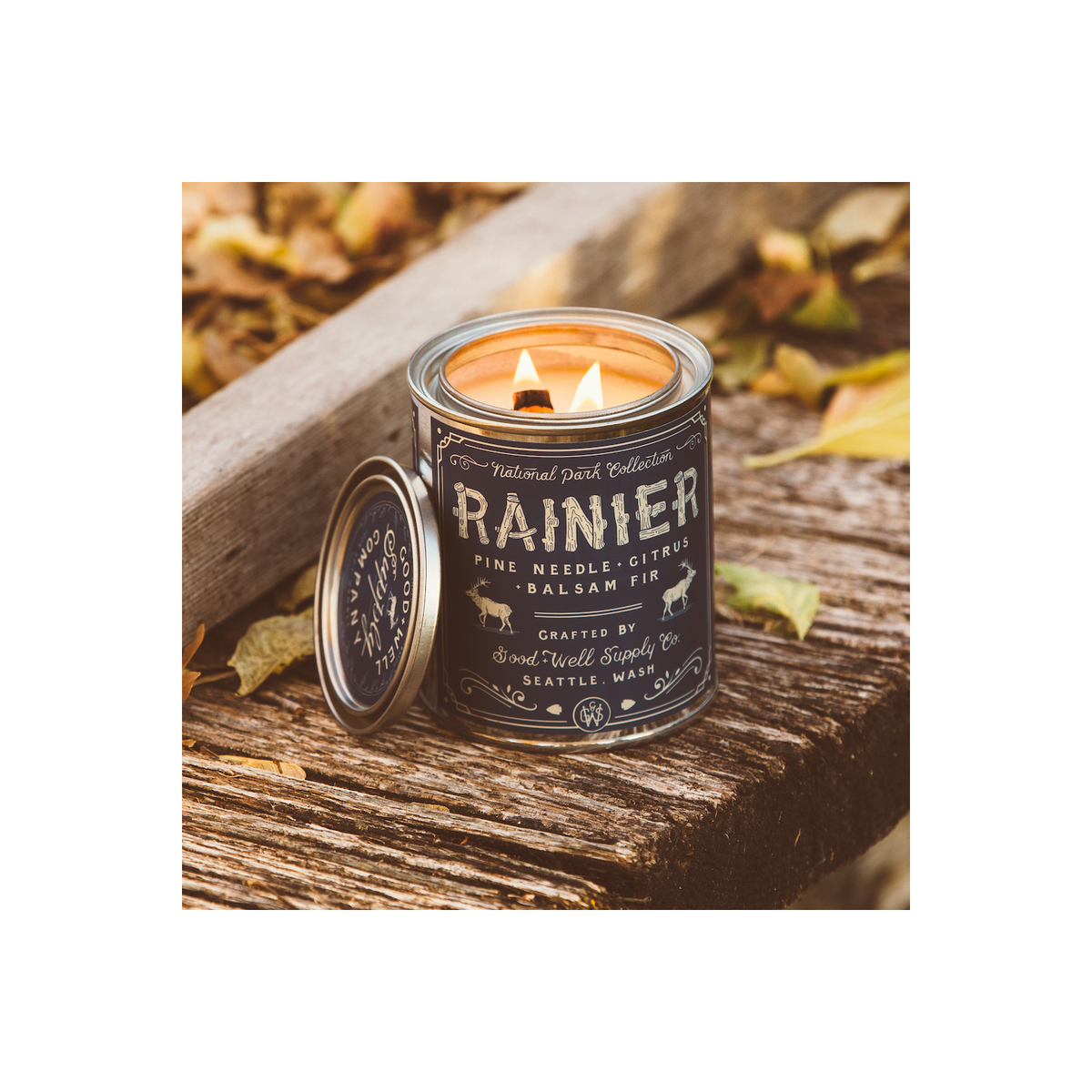 Rainier National Park candle by Good & Well Supply Co., showcasing a cozy home accessory with scenic mountain and forest design.