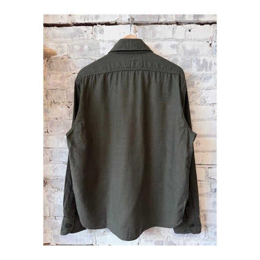Men's Freenote Cloth Rancho Forest Check shirt with green and brown plaid pattern, displayed on a hanger.