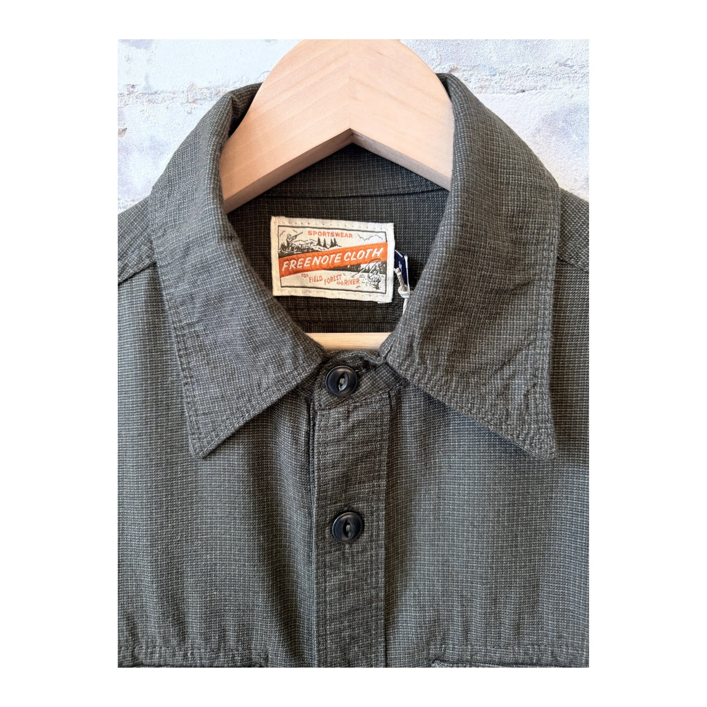 Men's Freenote Cloth Rancho Forest Check shirt with green and brown plaid pattern, button-up front, and classic collar.