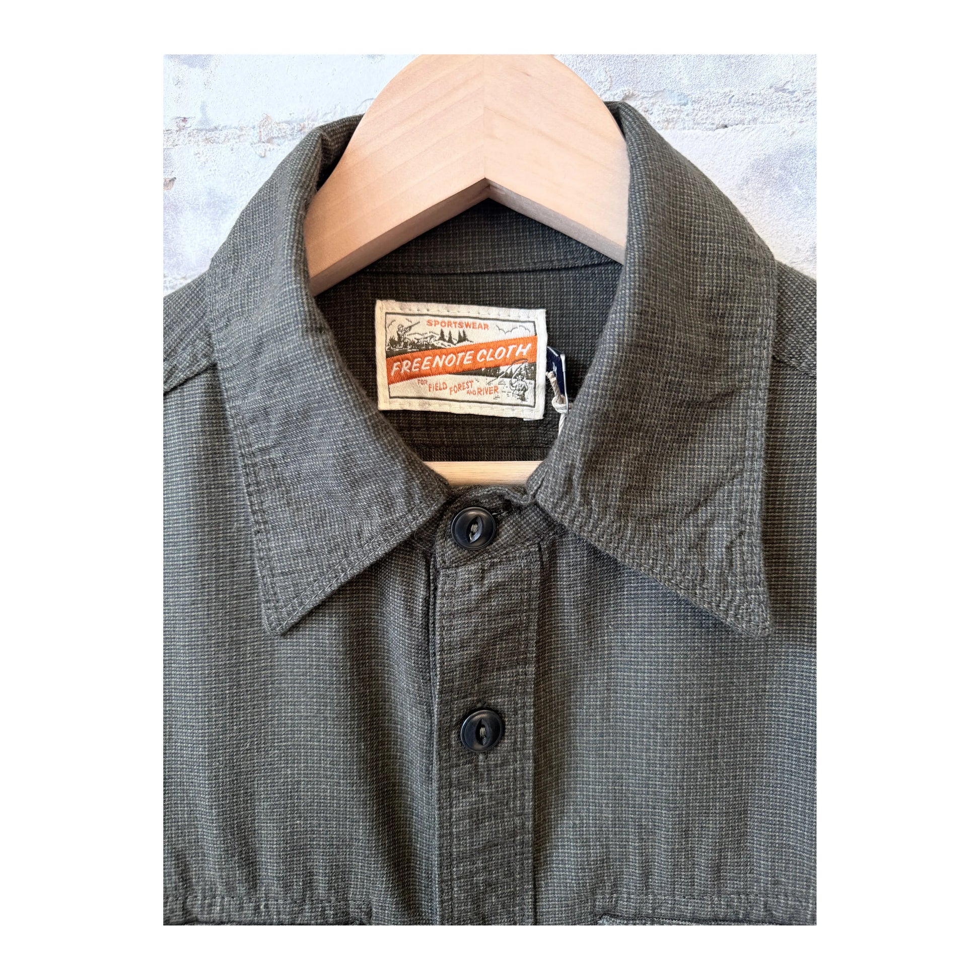 Men's Freenote Cloth Rancho Forest Check shirt with green and brown plaid pattern, button-up front, and classic collar.